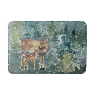 Dos and Fawn Deer in Forest Full Moon Snowfall Badematte