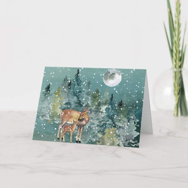 Dos and Fawn Deer in Forest Full Moon Snowfall Karte (Vorderseite)