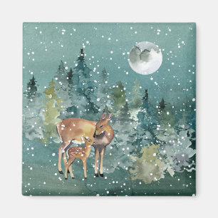Dos and Fawn Deer in Forest Full Moon Snowfall Magnet