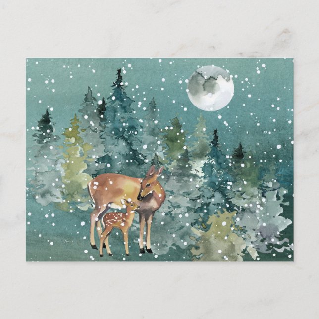 Dos and Fawn Deer in Forest Full Moon Snowfall Postkarte (Vorderseite)