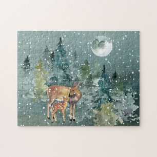 Dos and Fawn Deer in Forest Full Moon Snowfall Puzzle