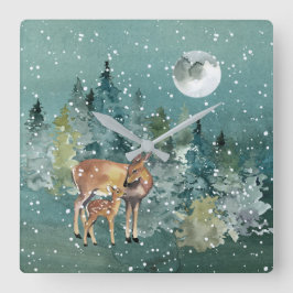 Dos and Fawn Deer in Forest Full Moon Snowfall Quadratische Wanduhr