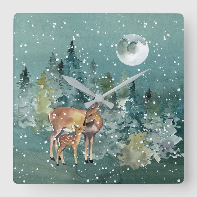 Dos and Fawn Deer in Forest Full Moon Snowfall Quadratische Wanduhr (Vorderseite)