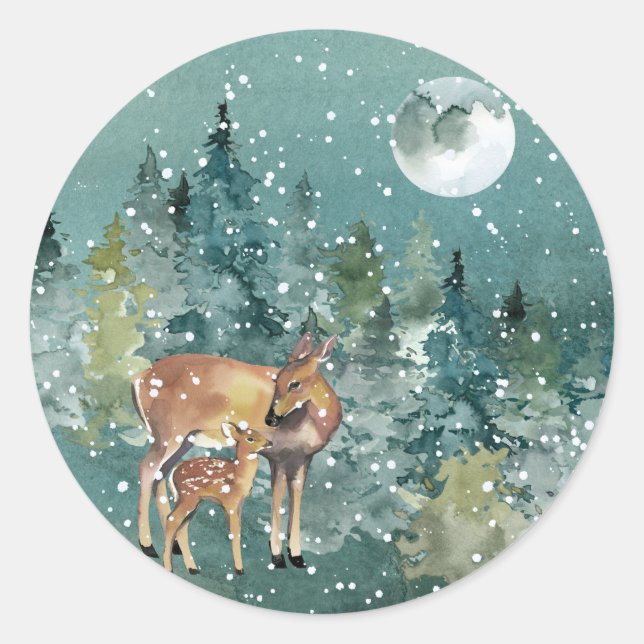 Dos and Fawn Deer in Forest Full Moon Snowfall Runder Aufkleber (Vorderseite)