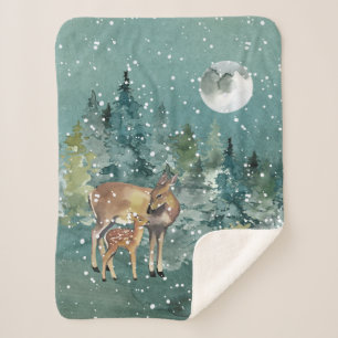Dos and Fawn Deer in Forest Full Moon Snowfall Sherpadecke