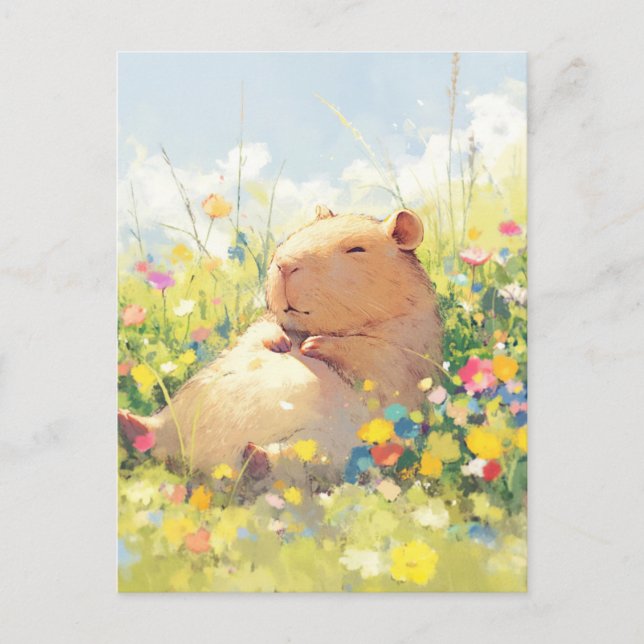 Dösender Capybara auf einer sommerlichen Wildblume Postkarte (Vorderseite)