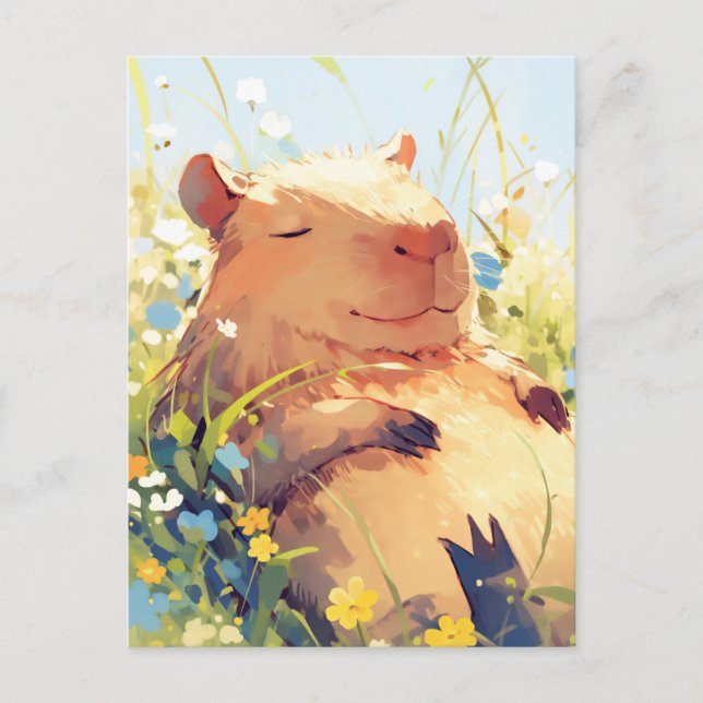 Dösender Capybara auf sonniger Wildblumen-Sommerwi Postkarte (Vorderseite)