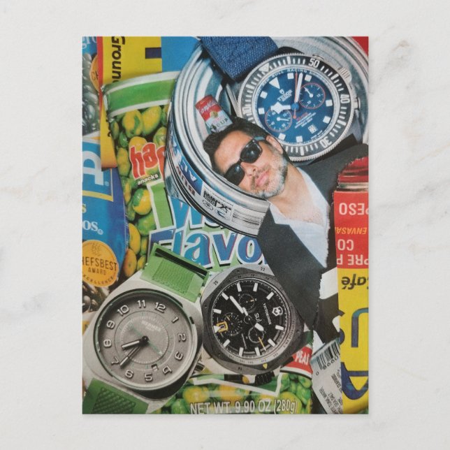 Dosenkost Uhren und Mann Collage Postkarte (Vorderseite)
