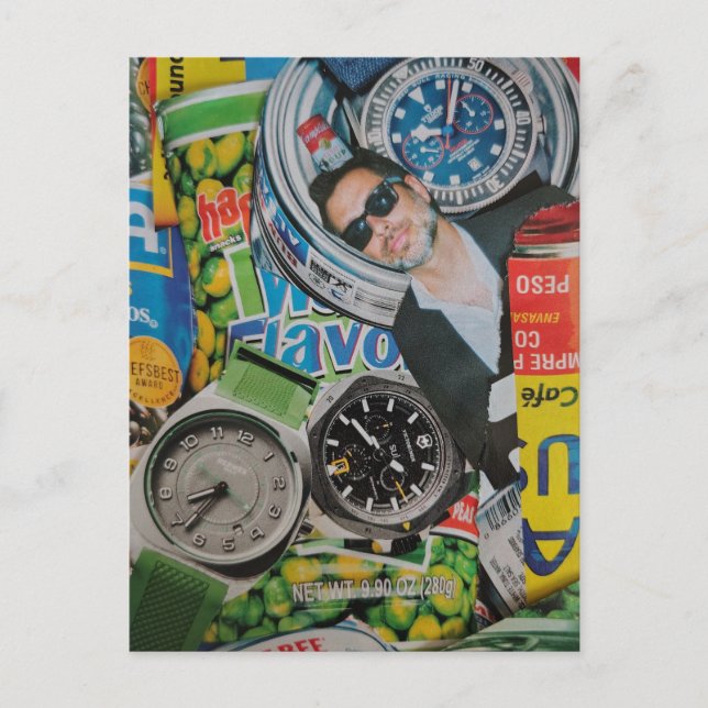 Dosenmann und Uhren Collage Postkarte (Vorderseite)