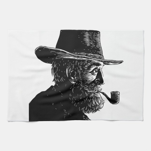 Dot-and-Line-Portrait: Kleiner alter Mann rauchen  Geschirrtuch (Horizontal)