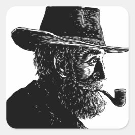 Dot-and-Line-Portrait: Kleiner alter Mann rauchen  Quadratischer Aufkleber