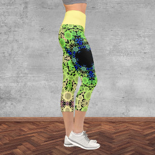 Dot Mandala Blume Blau Grün und Gelb Capri Leggings