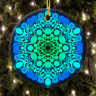 Dot Mandala Blume Blau und Grün Keramik Ornament