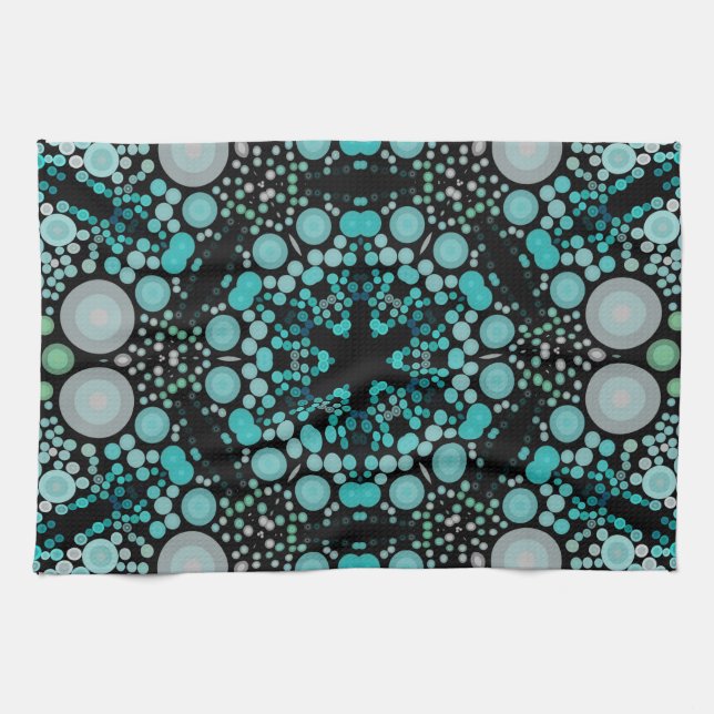 Dot Mandala Blume Blue Green und Grau Geschirrtuch (Horizontal)