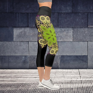 Dot Mandala Blume Gelb und Lila Capri Leggings