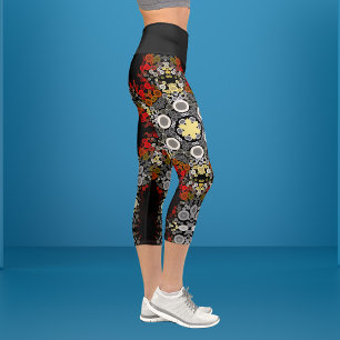 Dot Mandala Blume Rot Gelb und Grau Capri Leggings