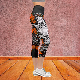 Dot Mandala Blume Weiß Orange und Schwarz Capri Leggings