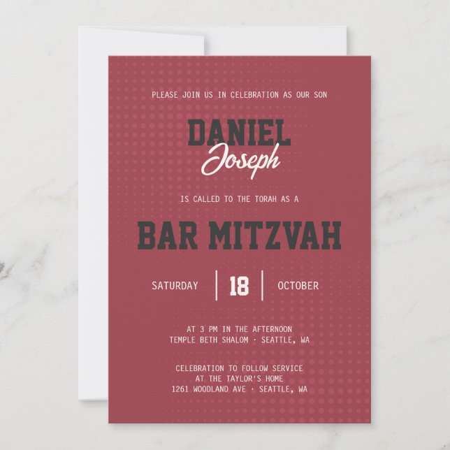 Dots Sport Maroon Bar Mitzvah Einladung (Vorderseite)