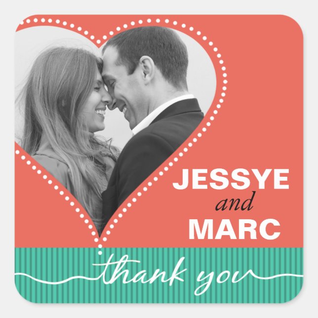 Dotted Heart Foto Danke Korallenjade Quadratischer Aufkleber (Vorderseite)