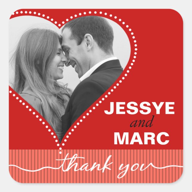 Dotted Heart Foto Vielen Dank, dass Sie rote Koral Quadratischer Aufkleber (Vorderseite)