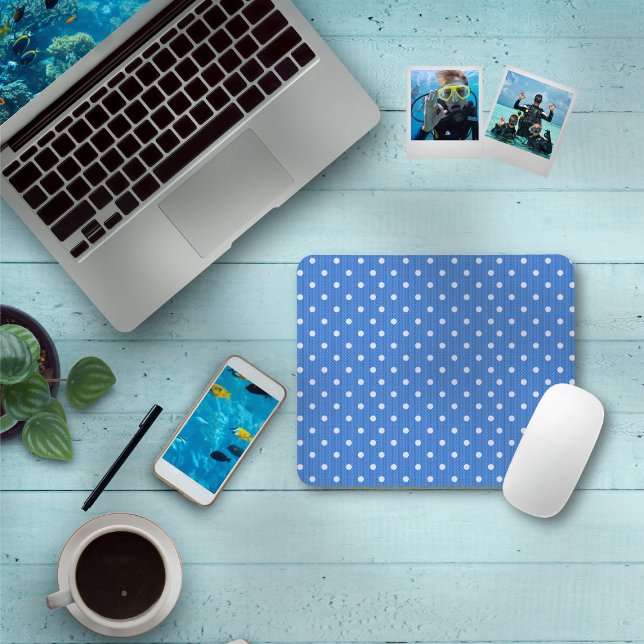 Dotty Delight Blue Mousepad (A Dotty Delight Blue Mouse Pad is on the table. )