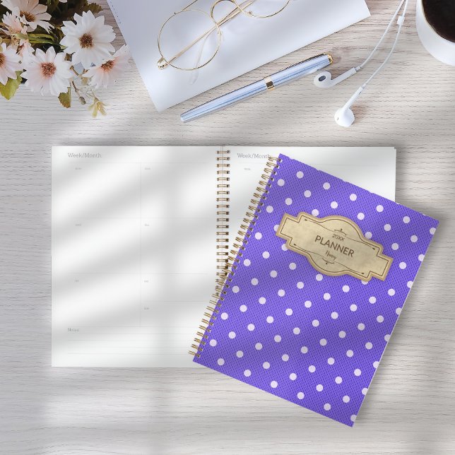 Dotty Delight Lila Planer (Dotty Delight Purple Planner on a desk.)