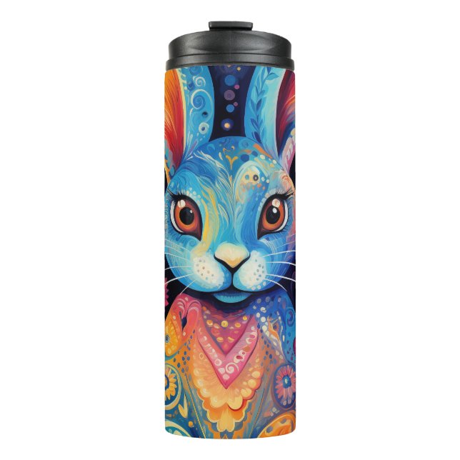 Dotty Delight: Regenbogen-Doodle-Hase Thermosbecher (Vorderseite)