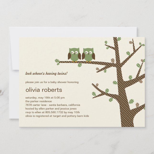 Dotty Owls Twins Kinderdusche Einladung (Vorderseite)