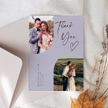 Double Arch Lilac Wedding Foto Dankeskarte<br><div class="desc">Elegante und rustikale Hochzeit Dankeschön-Karte mit einem doppelten Bogen lila Rahmen mit Text,  der "danke" mit einem Herz sagt. Sie können 2 Fotos auf der Vorderseite und 1 auf der Rückseite.</div>