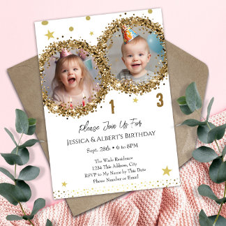 Double Birthday Gold Glitzer Kinder Foto Einladung