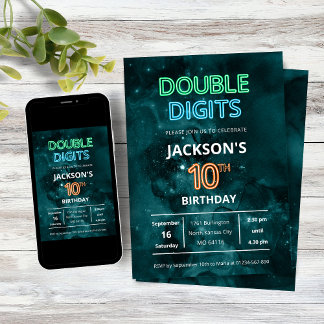 Double Digits Boys Neon Space 10th Birthday Einladung