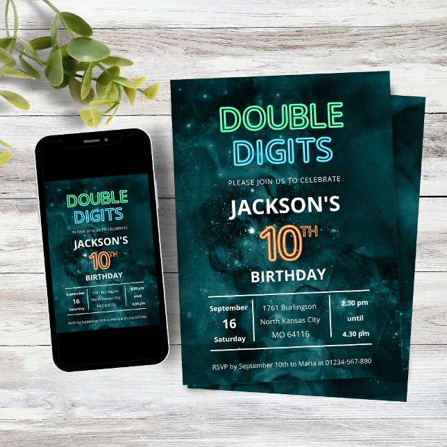 Double Digits Boys Neon Space 10th Birthday Einladung (Double Digits Neon Space Galaxy Boys 10th Birthday Party Invitation)