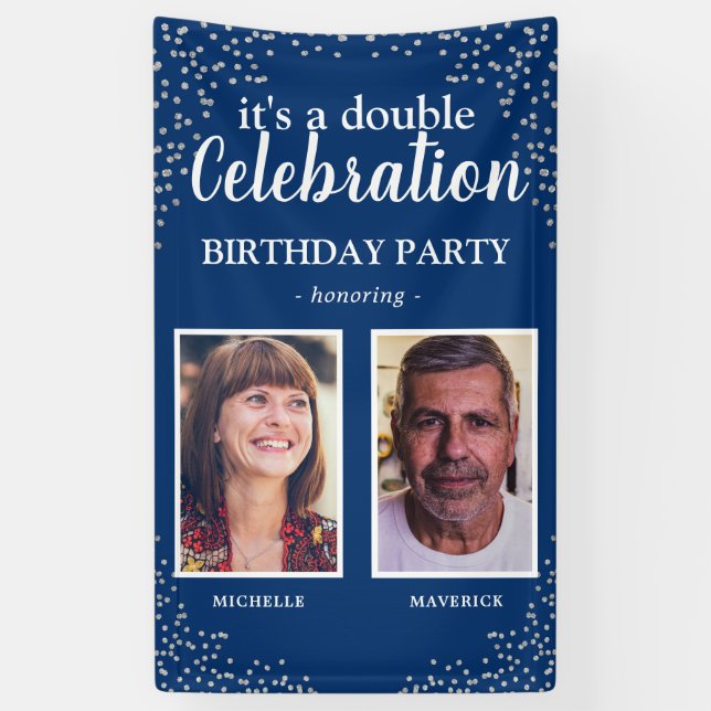 Double Foto Blue Silver Geburtstagsparty Banner (Vertikal)