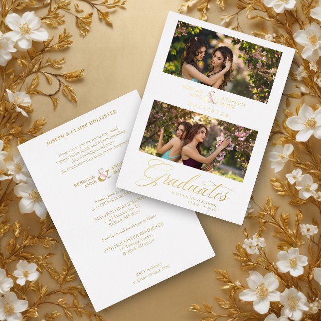 Double Graduation Chic Golden 2 Photos Modern Folieneinladung (Double Graduation Chic Golden 2 Photos Modern Script Real Metallic Foil Invitation Card.)