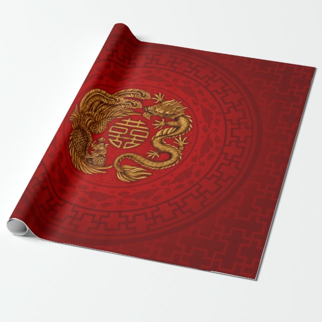 Double Happy Symbol mit Phoenix und Dragon Geschenkpapier (Ungerollt)