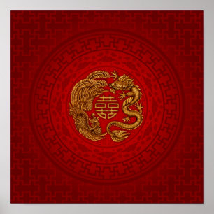 Double Happy Symbol mit Phoenix und Dragon Poster