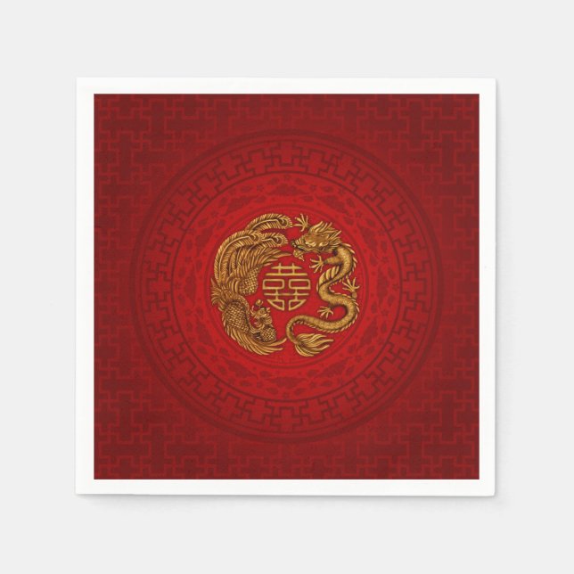 Double Happy Symbol mit Phoenix und Dragon Serviette (Vorderseite)