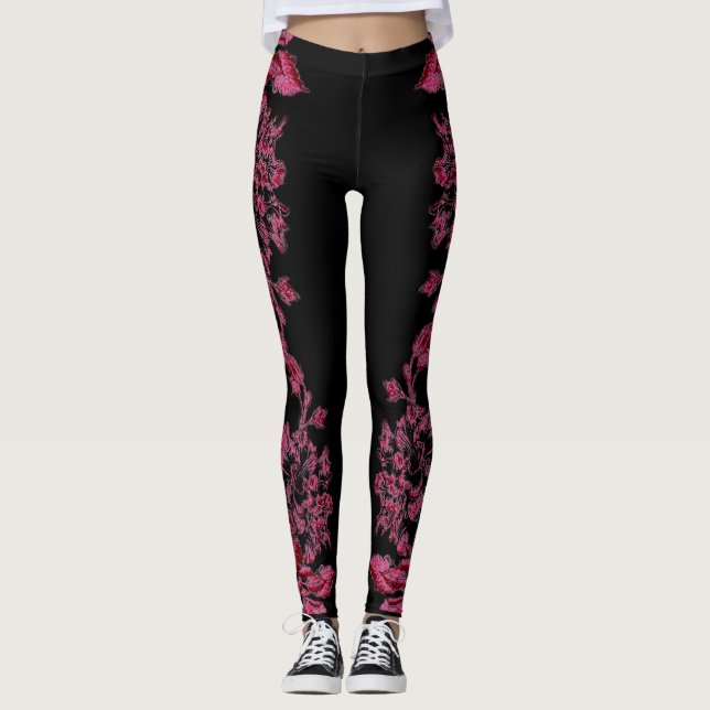 Double Hibiscus  Pink on Black  Leggings (Vorderseite)