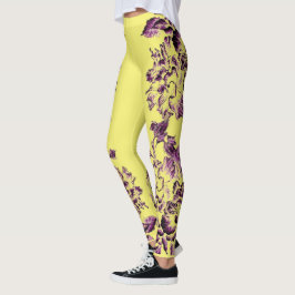 Double Hibiscus Purple on Yellow Leggings