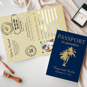 Double Palm Tree Blue Gold Wedding Passport Einladung
