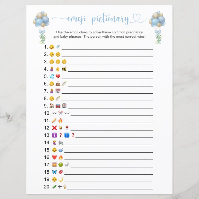 Double Side Blue Balloons Emoji Pictionary Game (Vorderseite)