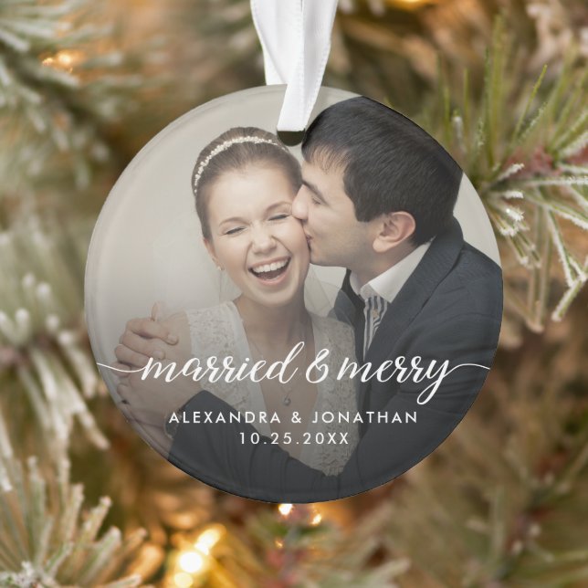 Double sided Married & Merry Newlywed Custom Photo Ornament (Baum)