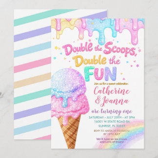 Double the Scoops Birthday ice Cream Glitter Einladung