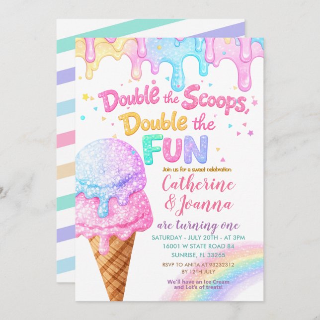 Double the Scoops Birthday ice Cream Glitter Einladung (Vorne/Hinten)