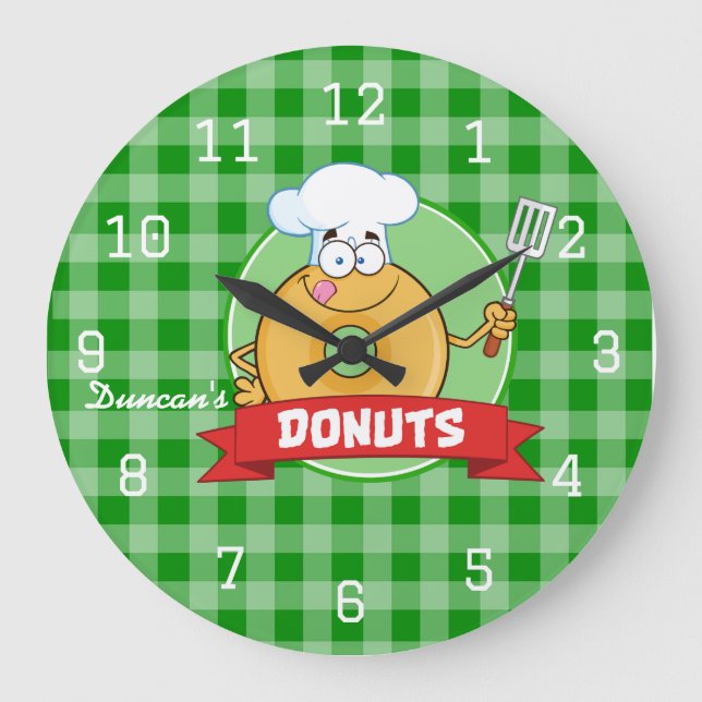 Doughnut Kitchen Koch Green Gingham Große Wanduhr (Vorderseite)