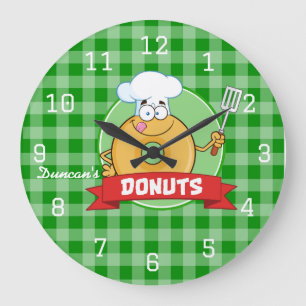 Doughnut Kitchen Koch Grüner Gingham Große Wanduhr