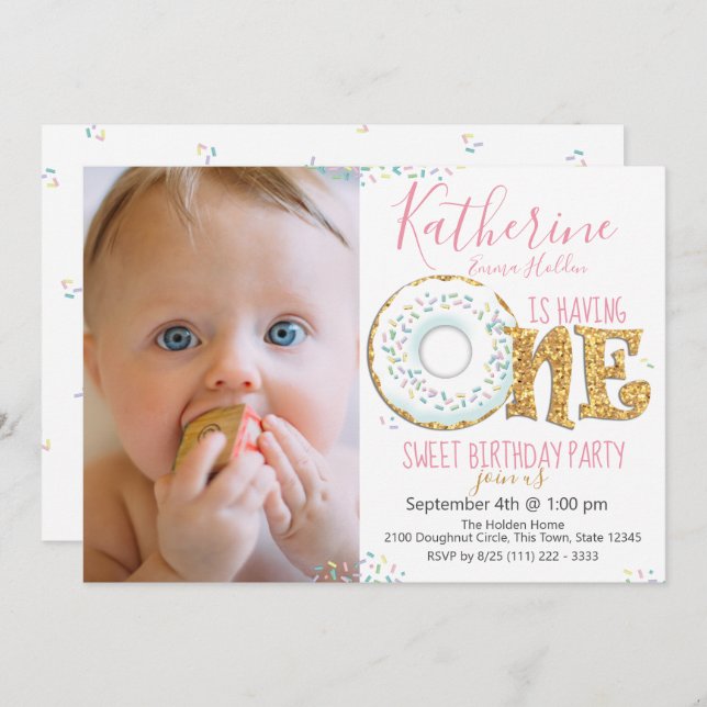 Doughnut One Sweet 1st Birthday Party Foto Einladung (Vorne/Hinten)