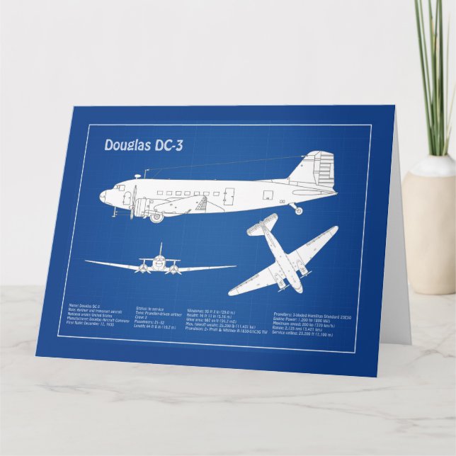 Douglas DC-3 - Airplane Blueprint Zeichnend Plan A Dankeskarte (Vorderseite)