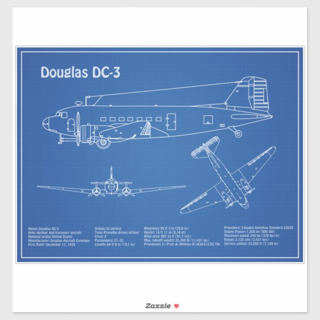 Douglas DC-3 - Airplane Blueprint Zeichnend Pläne  Aufkleber (Blatt)