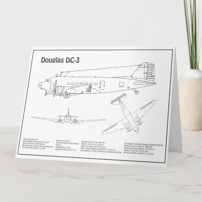 Douglas DC-3 - Airplane Blueprint Zeichnend Pläne  Dankeskarte (Vorderseite)